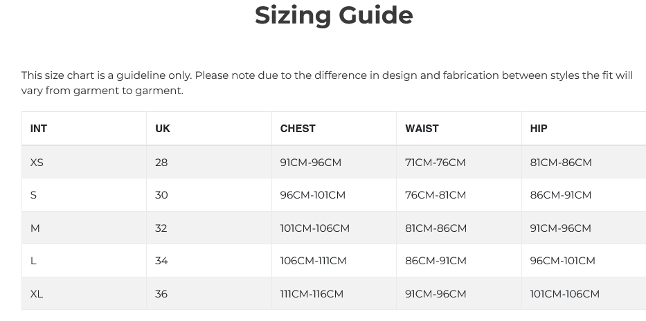 size chart for Alta brand mens physique stage shorts